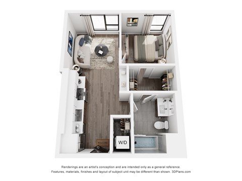 Floor plan for 1 bed, 1 bath, 530 sqft